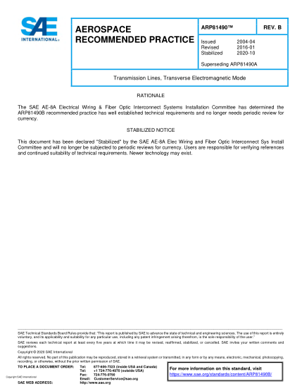 SAE ARP81490B-2020  Transmission Lines, Transverse Electromagnetic Mode
