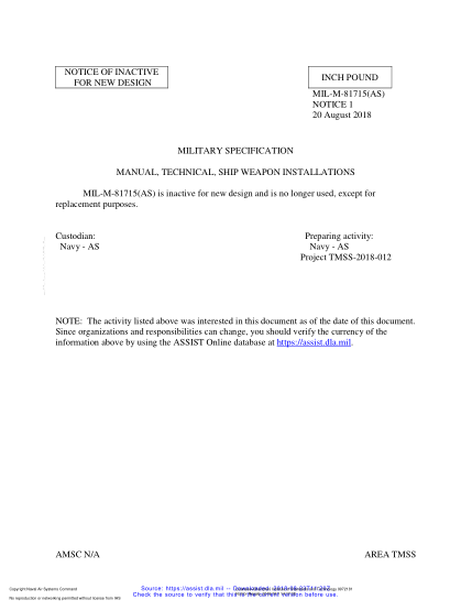 NAVY MIL-M-81715 NOTICE 1-2018  Manual, Technical, Ship Weapon Installations