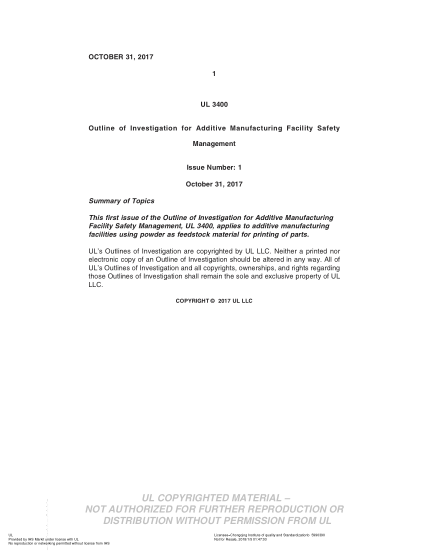 UL SUBJECT 3400-2017  Ul Outline For Investigation Additive Manufacturing Facility Safety Management (Issue 1)