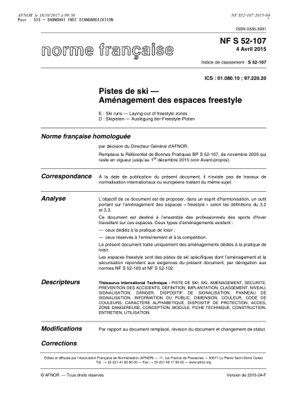 NF S52-107-2015   Ski runs - Laying-out of freestyles zones