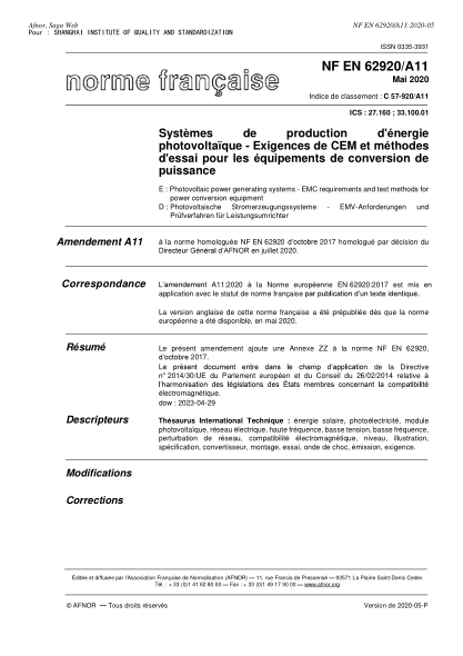 NF C57-920/A11-2020  Photovoltaic power generating systems - EMC requirements and test methods for power conversion equipment