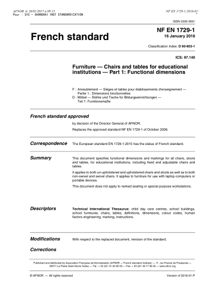 NF EN 1729-1-2016   Furniture - Chairs and tables for educational institutions - Part 1 - functional dimensions