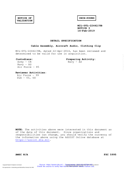 NAVY MIL-DTL-22442/8B VALID NOTICE 3-2019  Cable Assembly, Aircraft Audio, Clothing Clip