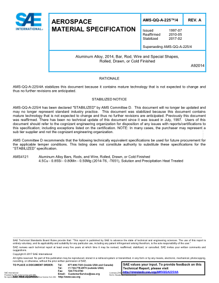 SAE AMS-QQ-A-225/4A-2017   Aluminum Alloy,2014,Bar,Rod,Wire And Special Shapes,Rolled,Drawn,Or Cold Finished (Uns A92014)