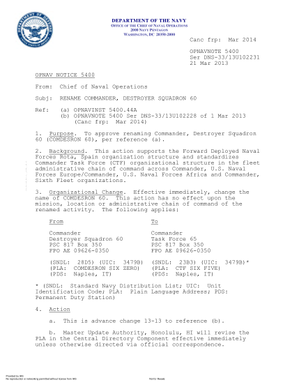 NIDS OPNAV NOTE 5400 13U102231-2013  (Ser Dns-33/13U102231) Rename Commander,Destroyer Squadron 60