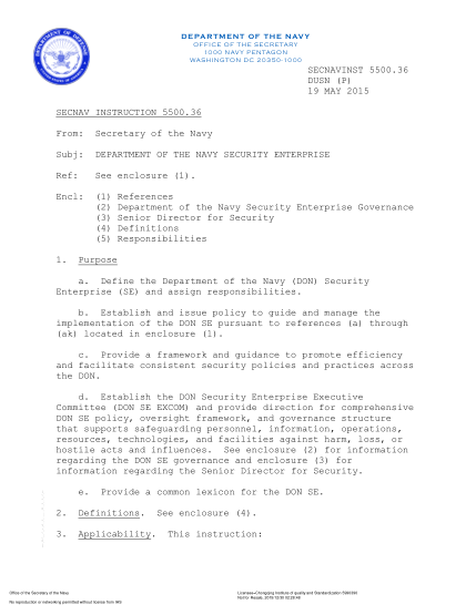 NIDS SECNAV 5500.36-2015  (Dusn (P)) Department Of The Navy Security Enterprise