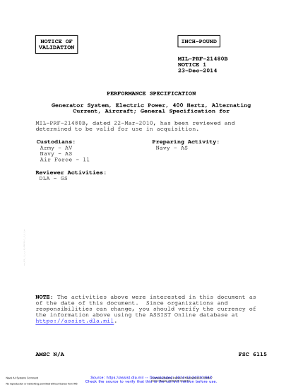 NAVY MIL-PRF-21480B VALID NOTICE 1-2014  Generator System, Electric Power, 400 Hertz, Alternating Current, Aircraft; General Specification for