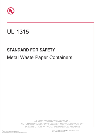 UL 1315-2017  Ul Standard For Safety Metal Waste Paper Containers (Second Edition)