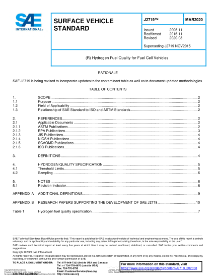 SAE J2719-2020  (R) Hydrogen Fuel Quality For Fuel Cell Vehicles