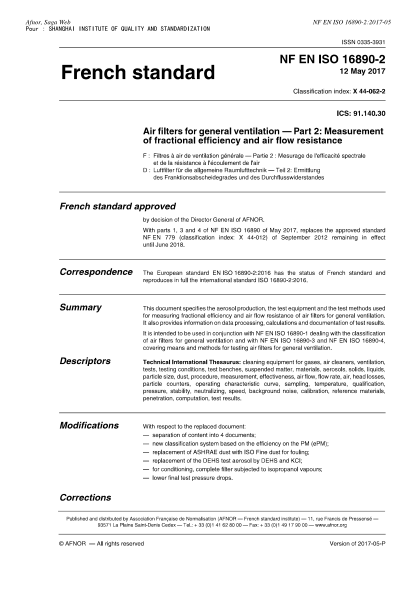 NF X44-062-2-2017   Air filters for general ventilation-Part 2-measurement of fractional efficiency and air flow resistance