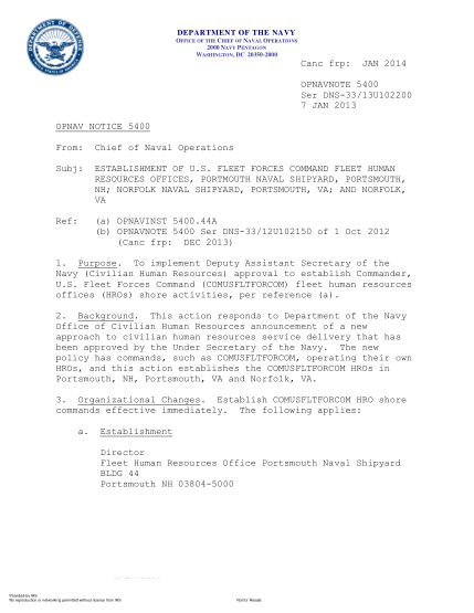 NIDS OPNAV NOTE 5400 13U102200-2013  (Ser Dns-33/13U102200) Establishment Of U.S. Fleet Forces Command Fleet Human Resources Offices,Portmouth Naval Shipyard,Portsmouth,Nh; Norfolk Naval Shipyard,Portsmouth,Va; And Norfolk,Va