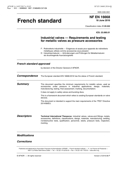 NF E29-322-2016   Industrial valves - Requirements and testing for metallic valves as pressure accessories