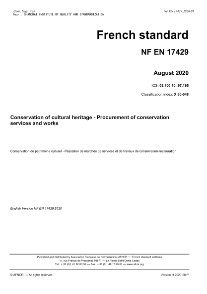 NF X80-048-2020  Conservation of cultural heritage - Procurement of conservation services and works