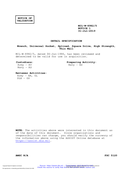 NAVY MIL-W-8982/5 VALID NOTICE 1-2019  Wrench, Universal Socket, Splined, Square Drive, High Strength, Thin Wall