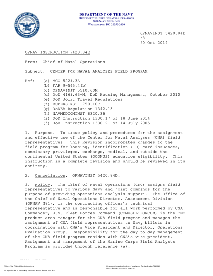 NIDS OPNAV 5420.84E-2014  (N81) Center For Naval Analyses Field Program