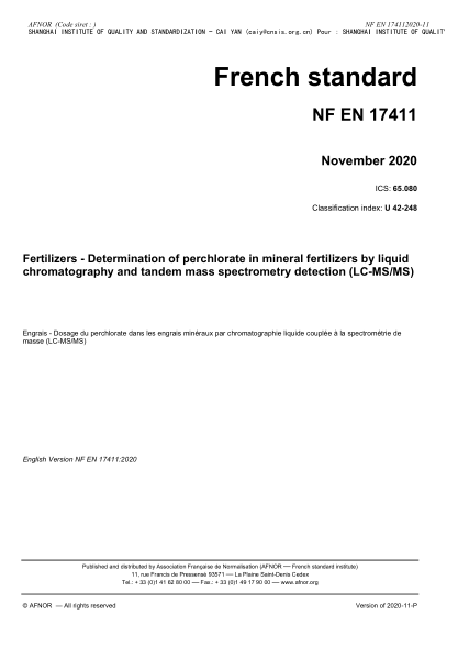 NF U42-248-2020  Fertilizers - Determination of perchlorate in mineral fertilizers by liquid chromatography and tandem mass spectrometry detection (LC-MS/MS)
