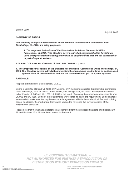 UL 2999 BULLETIN/2-2017  UL Standard for Safety Technical Panel for Office Furnishings (COMMENTS DUE: SEPTEMBER 11, 2017)