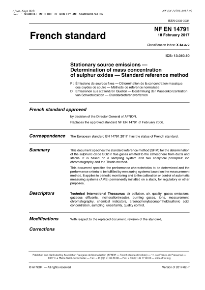 NF X43-372-2017   Stationary source emissions - Determination of mass concentration of sulphur oxides - Standard reference method