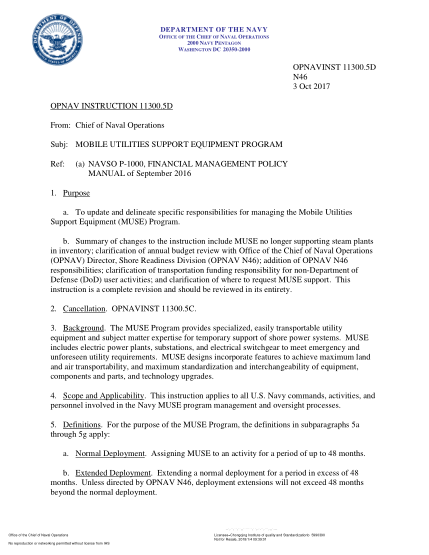 NIDS OPNAV 11300.5D-2017  (N46) Mobile Utilities Support Equipment (Muse) Program