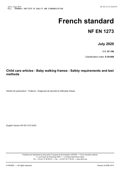 NF EN 1273-2020  Child care articles - Baby walking frames - Safety requirements and test methods