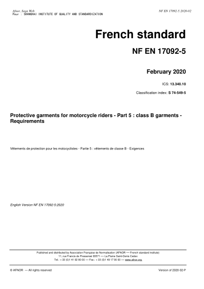 NF EN 17092-5-2020  Protective garments for motorcycle riders - Part 5 : class B garments - Requirements