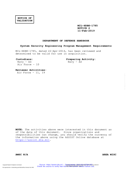 NAVY MIL-HDBK-1785 VALID NOTICE 2-2019  System Security Engineering Program Management Requirements
