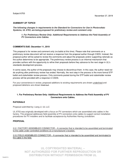 UL 6703 BULLETIN/2-2019  UL Standard For Safety Connectors For Use In Photovoltaic Systems (Comments Due: December 11, 2019)