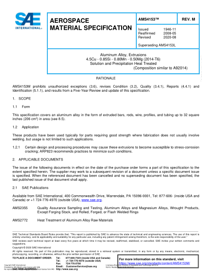 SAE AMS4153M-2020  Aluminum Alloy, Extrusions 4.5Cu - 0.85Si - 0.80Mn - 0.50Mg (2014-T6) Solution And Precipitation Heat Treated (Uns A92014)