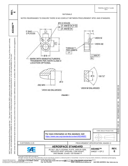SAE AS3482E-2020  (R) Nut, Self-Locking, Plate, Side By Side, Reduced Rivet Spacing, Low Height, Uns S66286, Class: 125 Ksi/800 ？？F