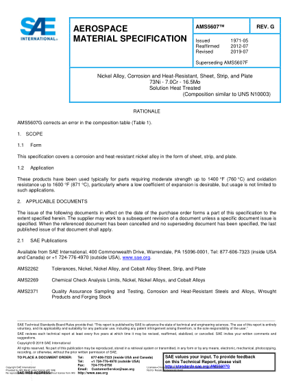 SAE AMS5607G-2019  Nickel Alloy, Corrosion And Heat-Resistant, Sheet, Strip, And Plate 73Ni - 7.0Cr - 16.5Mo Solution Heat Treated (Uns N10003)