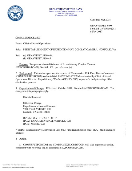 NIDS OPNAV NOTE 5400 17U102288-2017  (Ser Dns-33/17U102288) Disestablishment Of Expeditionary Combat Camera,Norfolk,Va