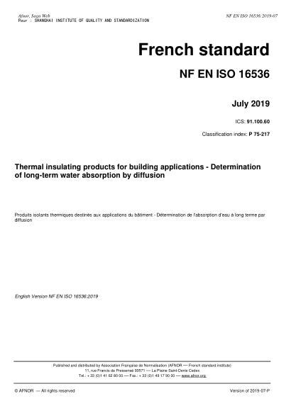 NF P75-217-2019   Thermal insulating products for building applications - Determination of long-term water absorption by diffusion