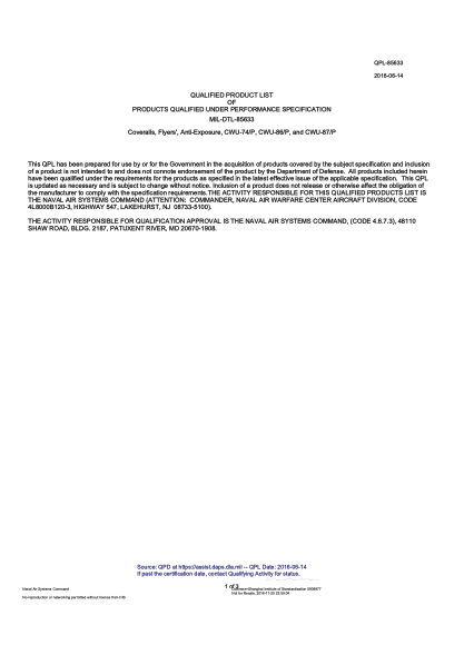 NAVY QPL-85633-2015  Coveralls, Flyers, Anti-Exposure, Cwu-62B/P, Cwu-74/P, Cwu-62C/P, Cwu-86/P, And Cwu-87/P