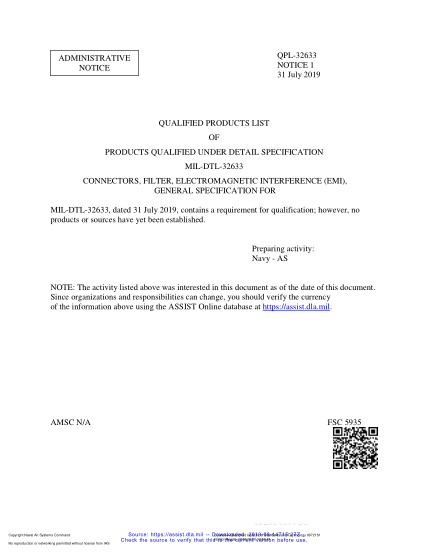 NAVY QPL-32633 NOTICE 1-2019  Connectors, Filter, Electromagnetic Interference (Emi), General Specification For