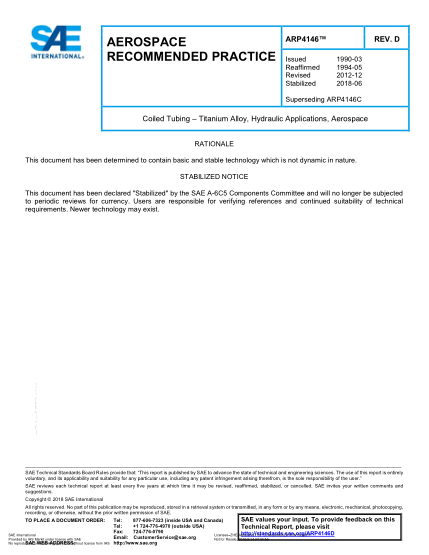 SAE ARP4146D-2018  Coiled Tubing – Titanium Alloy, Hydraulic Applications, Aerospace