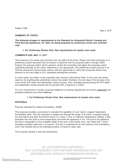 UL 1026 BULLETIN-2017   Ul Standard For Safety Electric Household Cooking And Food Serving Appliances (Comments Due: May 17, 2017)
