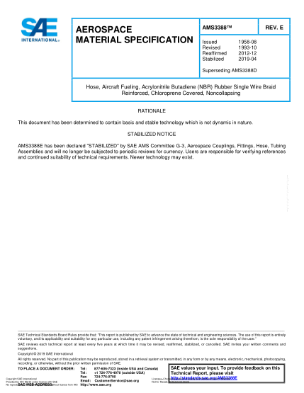 SAE AMS3388E-2019  Hose, Aircraft Fueling, Acrylonitrile Butadiene (Nbr) Rubber Single Wire Braid Reinforced, Chloroprene Covered, Noncollapsing