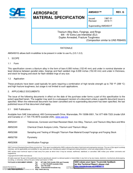 SAE AMS4931G-2019  Titanium Alloy Bars, Forgings, And Rings 6Al - 4V Extra Low Interstitial (Eli) Duplex Annealed, Fracture Toughness (Uns R56400)