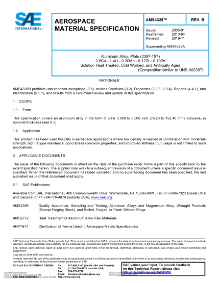 SAE AMS4328B-2019  Aluminum Alloy, Plate (2397-T87) 2.8Cu - 1.4Li - 0.30Mn - 0.12Zr - 0.10Zn Solution Heat Treated, Cold Worked, And Artificially Aged (Uns A92397)