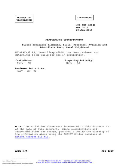 NAVY MIL-PRF-32148 VALID NOTICE 2-2015  Filter Separator Elements, Fluid, Pressure, Aviation and Distillate Fuel, Naval Shipboard
