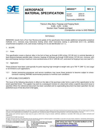 SAE AMS6935C-2019  Titanium Alloy Bars, Forgings And Forging Stock 6.0Al – 6.0V – 2.0Sn Solution Heat Treated And Aged (Uns R56620)