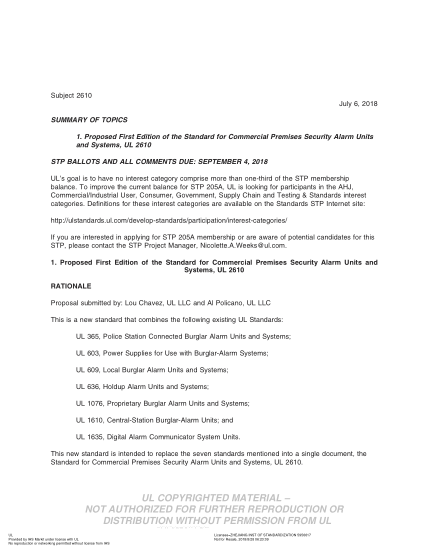 UL 2610 BULLETIN-2018  UL Standard For Safety Commercial Premises Security Alarm Units And Systems (Comments Due: September 4, 2018)