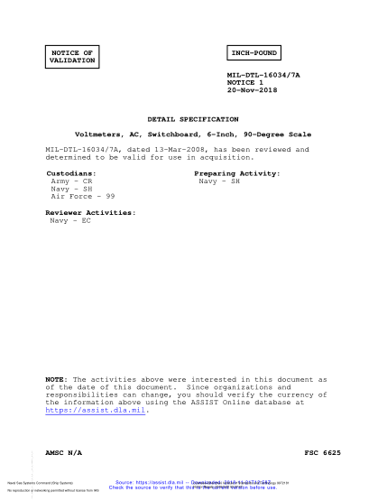 NAVY MIL-DTL-16034/7A VALID NOTICE 1-2018  Voltmeters, Ac, Switchboard, 6-Inch, 90-Degree Scale