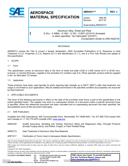SAE AMS4031J-2017  Aluminum Alloy,Sheet And Plate 6.3Cu - 0.30Mn - 0.18Zr - 0.10V - 0.06Ti (2219-0) Annealed Or When Specified,“As Fabricated” (2219-F) (Uns A92219)