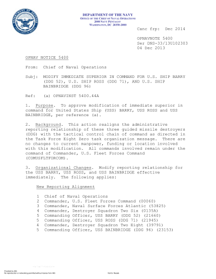 NIDS OPNAV NOTE 5400 13U102303-2013  (Ser Dns-33/13U102303) Modify Immediate Superior In Command For U.S. Ship Barry (Ddg 52),U.S. Ship Ross (Ddg 71),And U.S. Ship Bainbridge (Ddg 96)
