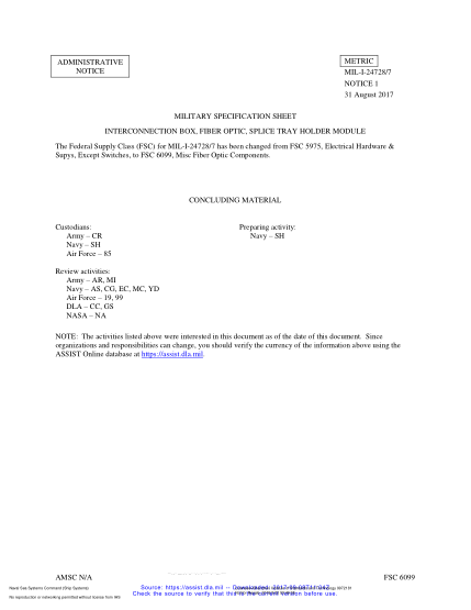 NAVY MIL-I-24728/7 NOTICE 1-2017  Interconnection Box, Fiber Optic, Splice Tray Holder Module