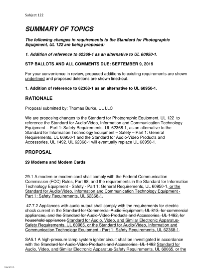 UL 122 BULLETIN-2019  UL Standard For Safety Photographic Equipment (Comments Due: September 9, 2019)
