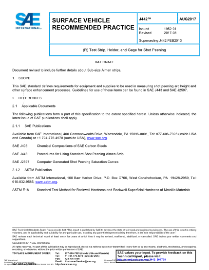 SAE J442-2017   (R) Test Strip, Holder, And Gage For Shot Peening