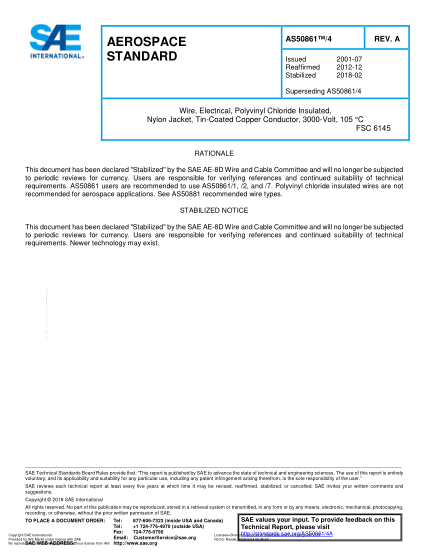 SAE AS50861/4A-2018  Wire, Electrical, Polyvinyl Chloride Insulated, Nylon Jacket, Tin-Coated Copper Conductor, 3000-Volt, 105 °C