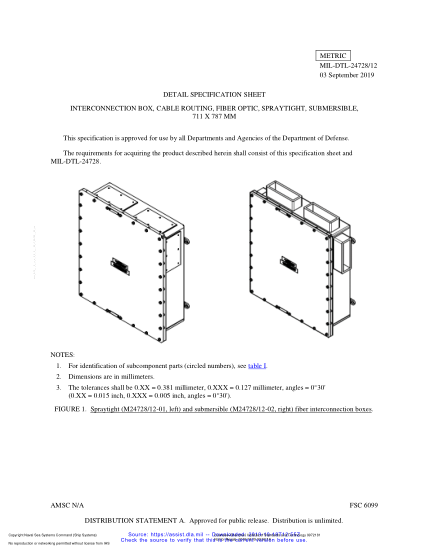 NAVY MIL-DTL-24728/12-2019  Interconnection Box, Cable Routing, Fiber Optic, Spraytight, Submersible, 711 X 787 Mm